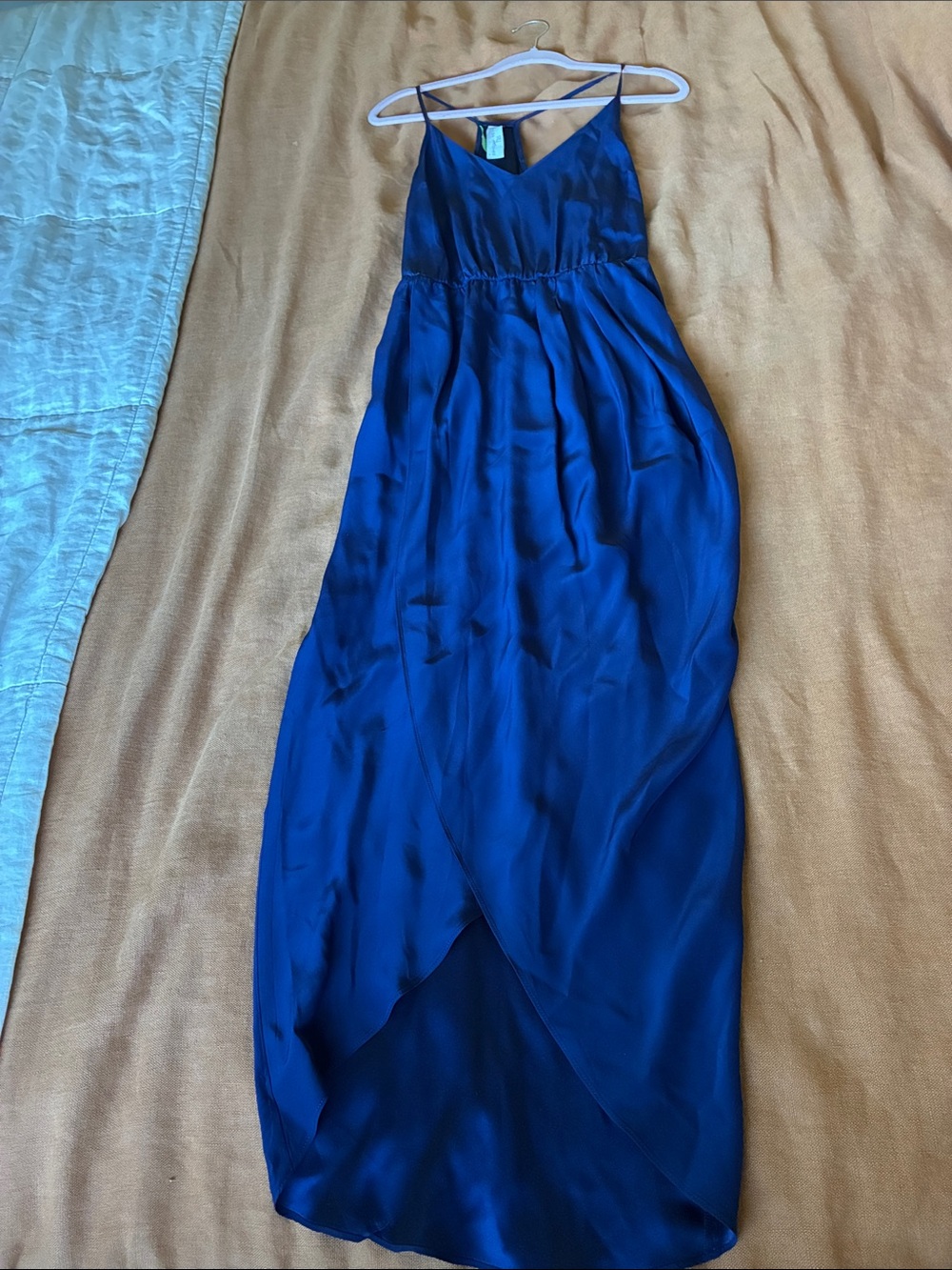 Amanda Uprichard Navy Blue Silk Spaghetti-Strap Midi Dress, tulip